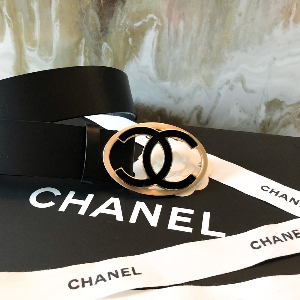 Chanel Black Leather CC Two Tone Logo Belt 85 - Picture 1 of 7
